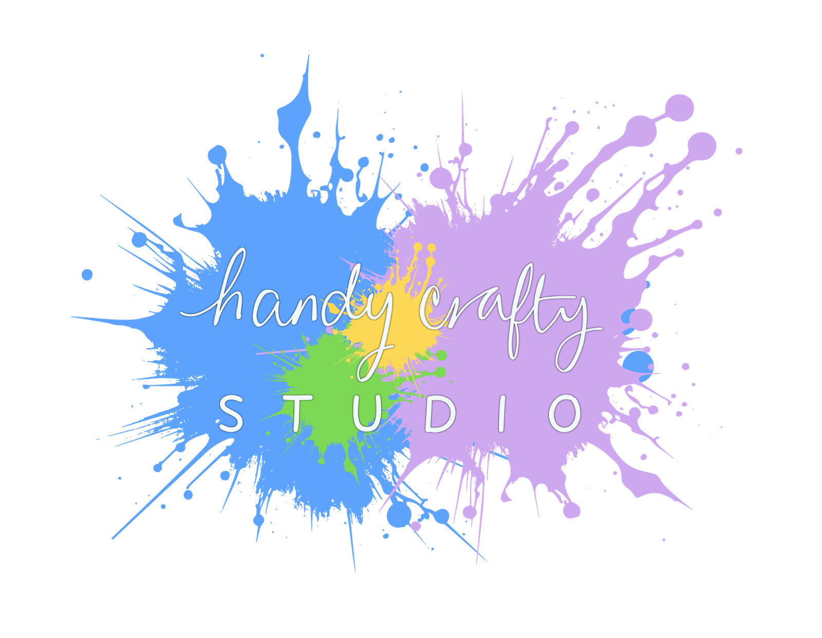 White handwritten ‘handy crafty studio’ over bright paint splashes in blue, purple, yellow, and green.